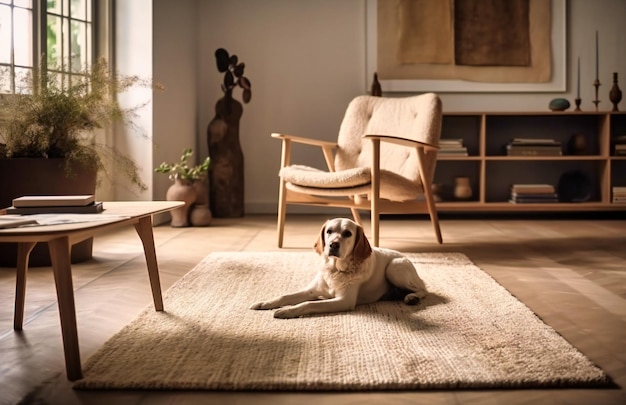 Uma sala de estar com um cachorro branco e uma cadeira