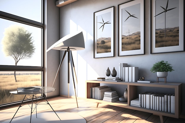 Uma sala de estar com um candeeiro de mesa e um candeeiro que diz turbina eólica.