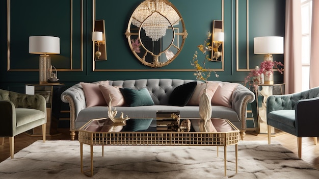 Uma sala de estar com um espelho dourado na parede