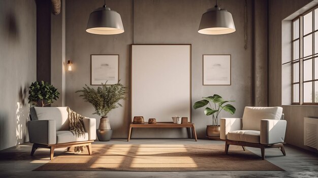 Uma sala de estar com um grande porta-retrato e uma planta na parede