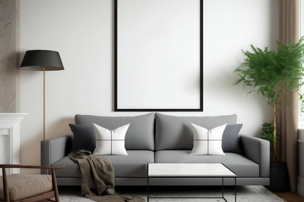 Uma sala de estar com um grande quadro na parede e um sofá com almofadas.