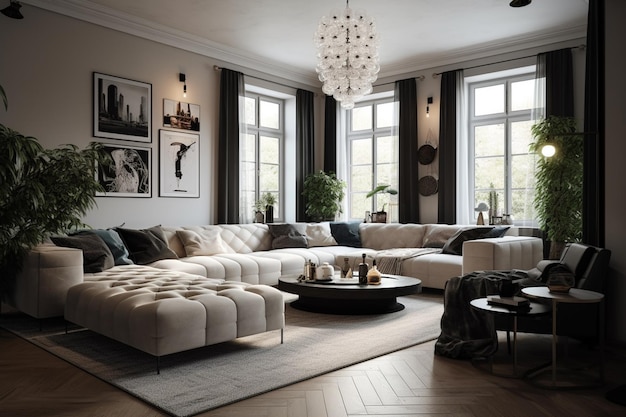 Uma sala de estar com um grande sofá branco e um grande lustre preto e branco.