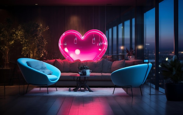 Uma sala de estar com um grande sofá e um coração de néon na parede AI