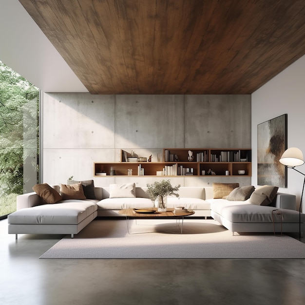 Uma sala de estar com um grande teto de concreto e um grande sofá com almofadas.
