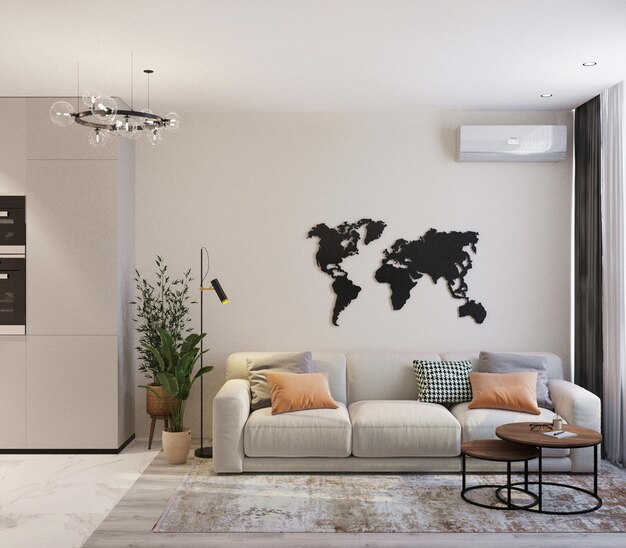 Foto uma sala de estar com um mapa mundi na parede