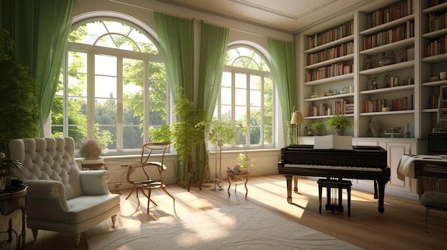 Uma sala de estar com um piano e uma grande janela com uma cortina verde.