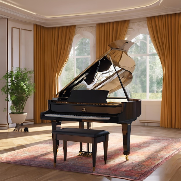 Foto uma sala de estar com um piano holográfico para apresentações musicais improvisadas