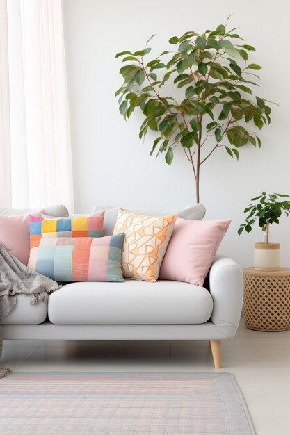 Foto uma sala de estar com um sofá, almofadas, plantas e um tapete