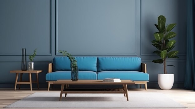 Uma sala de estar com um sofá azul e um candeeiro.