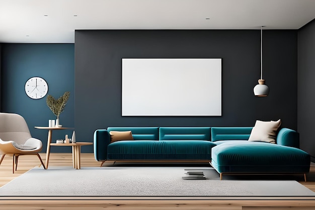 Uma sala de estar com um sofá azul e um quadro branco emoldurado na parede.