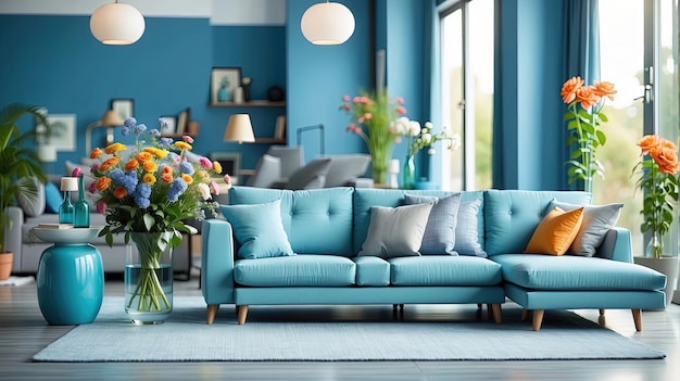 uma sala de estar com um sofá azul e um vaso de flores