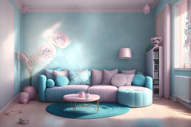 Uma sala de estar com um sofá azul e uma flor rosa na parede.
