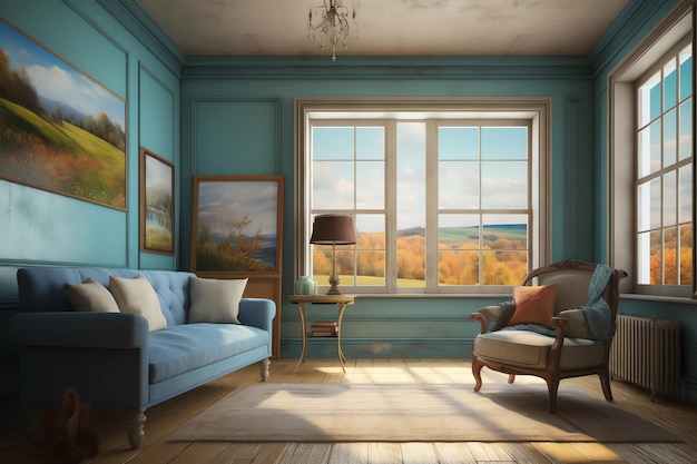 Uma sala de estar com um sofá azul e uma janela com vista para o outono