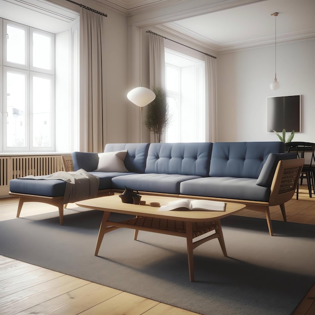 Uma sala de estar com um sofá azul e uma mesa de centro em madeira.