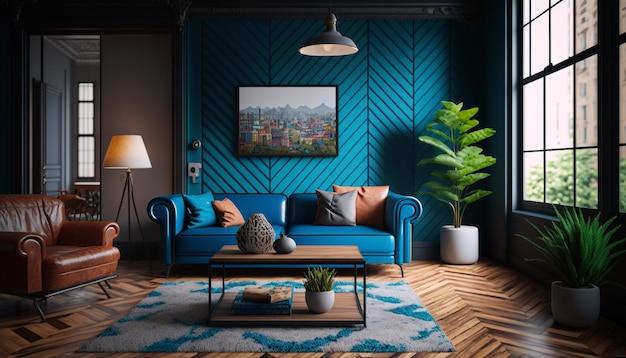 Uma sala de estar com um sofá azul e uma mesa de centro.