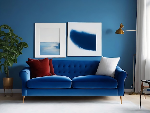 Uma sala de estar com um sofá azul e uma parede azul com uma pintura na parede gerada ai