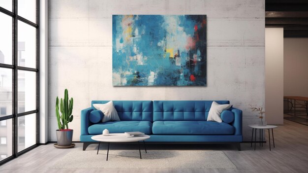Uma sala de estar com um sofá azul e uma parede branca com uma pintura sobre ela IA generativa