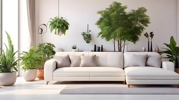 uma sala de estar com um sofá branca e um sofá branco com plantas nele
