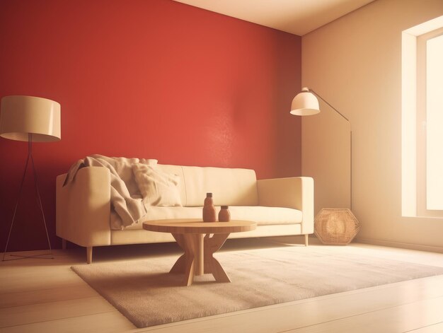 Uma sala de estar com um sofá branco e um candeeiro na parede