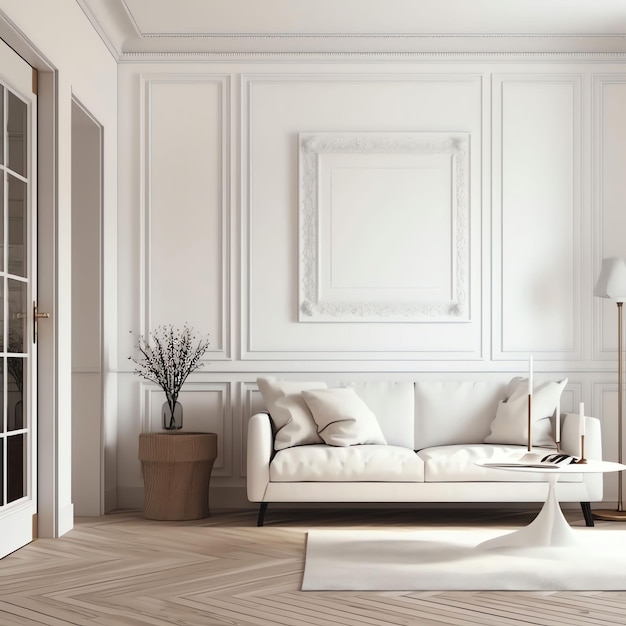 Uma sala de estar com um sofá branco e um grande porta-retrato na parede.