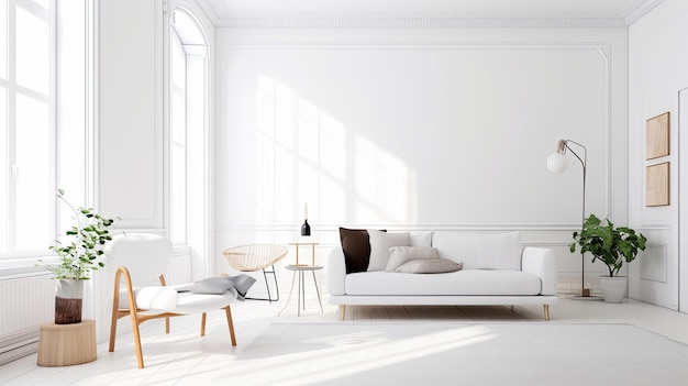 Uma sala de estar com um sofá branco e uma parede branca