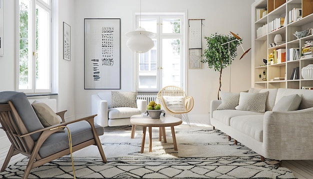 uma sala de estar com um sofá branco e uma planta na mesa