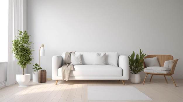 Uma sala de estar com um sofá branco e uma planta na parede
