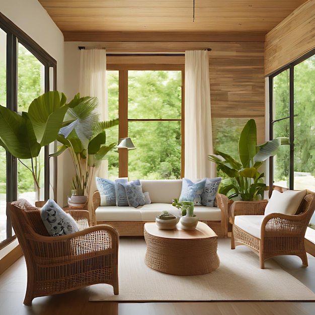 uma sala de estar com um sofá cadeiras e uma mesa com plantas nele