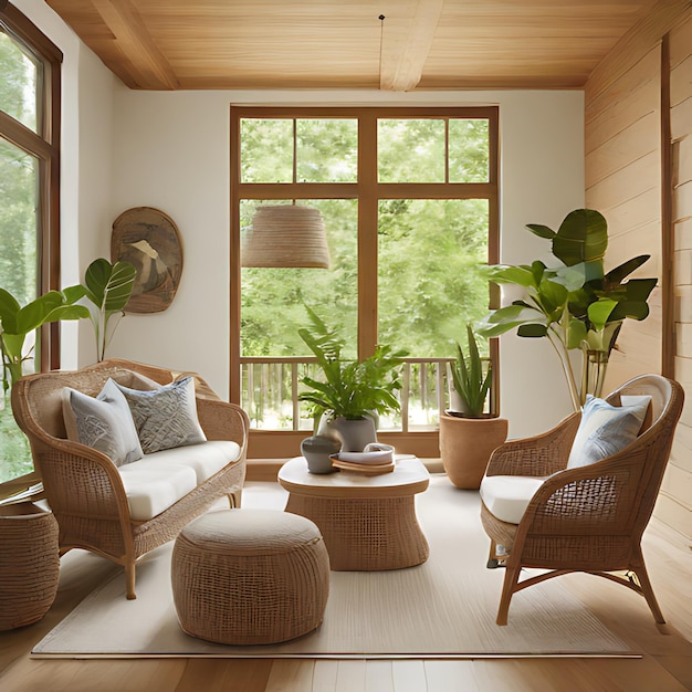 uma sala de estar com um sofá cadeiras uma mesa e uma janela com uma vista de árvores do lado de fora