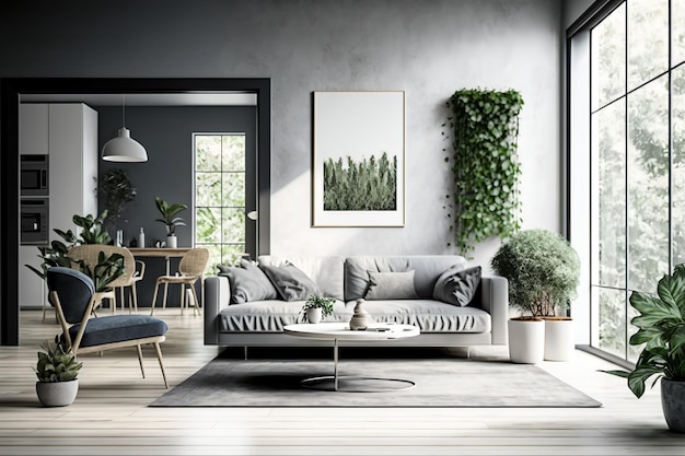 Uma sala de estar com um sofá cinza e uma parede de plantas com uma parede de plantas.