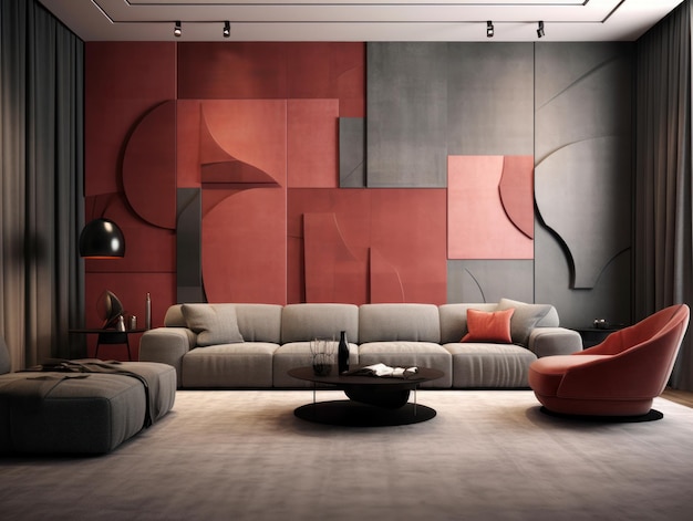 Uma sala de estar com um sofá cinza e uma parede vermelha e preta com uma grande pintura.