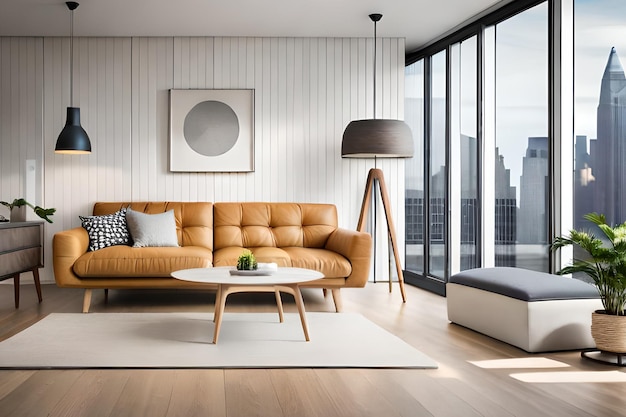 Uma sala de estar com um sofá de couro marrom e uma mesa de centro branca.