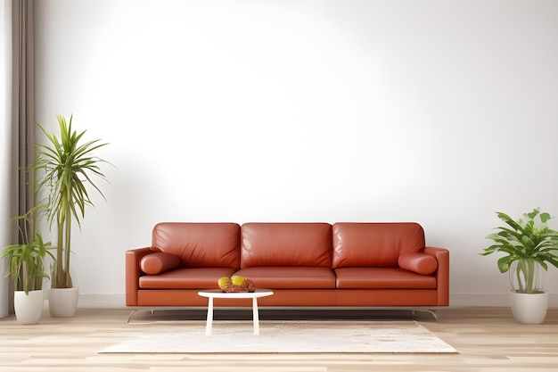 Uma sala de estar com um sofá de couro vermelho e uma mesa de centro design de interiores ai generative