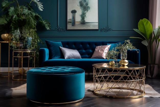Uma sala de estar com um sofá de veludo azul e uma mesa de centro dourada.
