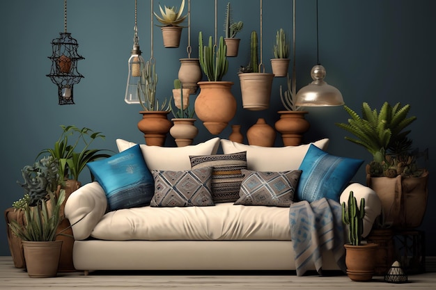 Uma sala de estar com um sofá e plantas