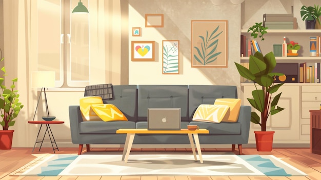 uma sala de estar com um sofá e um laptop na mesa
