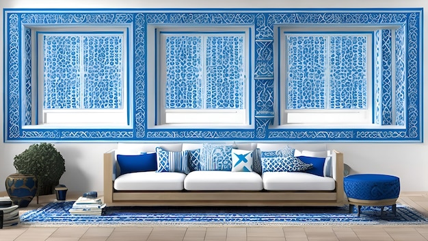 Uma sala de estar com um sofá e uma janela com janelas azuis