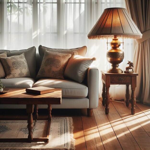 uma sala de estar com um sofá e uma lâmpada na mesa