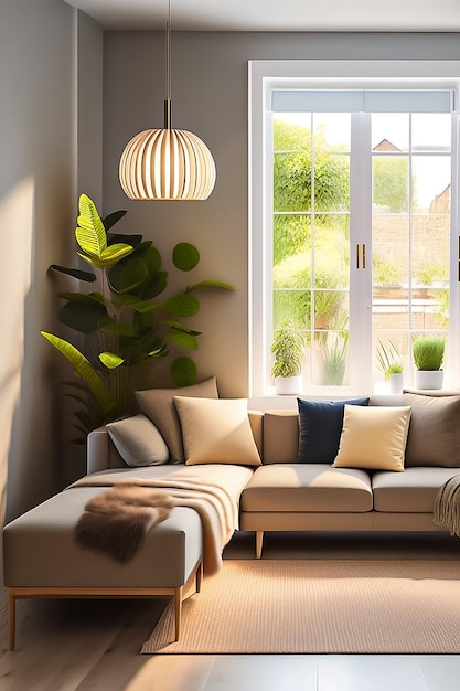 Foto uma sala de estar com um sofá e uma lâmpada pendurada no tetodesign de interiores