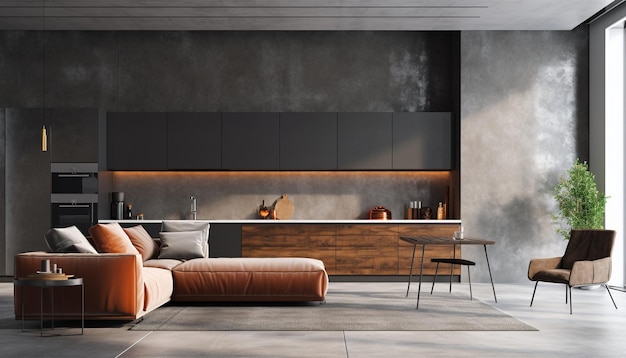 uma sala de estar com um sofá e uma mesa com cadeiras e uma TV