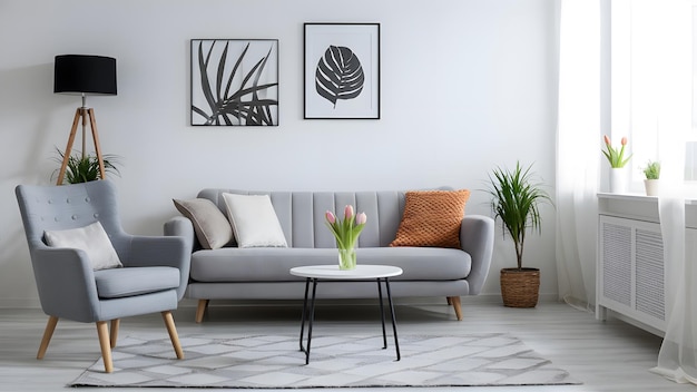 uma sala de estar com um sofá e uma mesa com flores