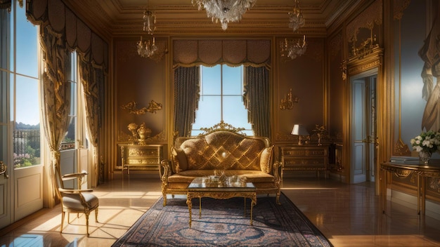 Uma sala de estar com um sofá e uma mesa com móveis dourados.