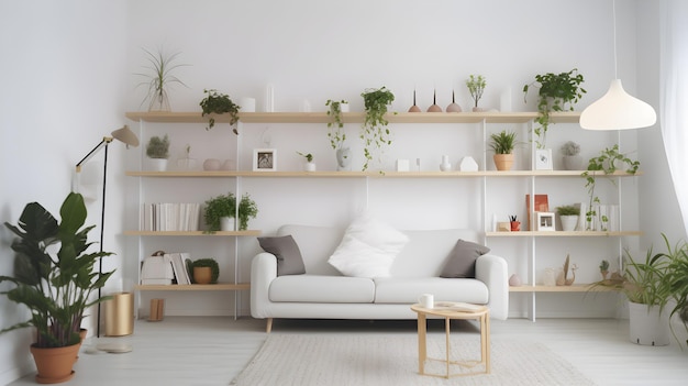 Uma sala de estar com um sofá e uma mesa com plantas