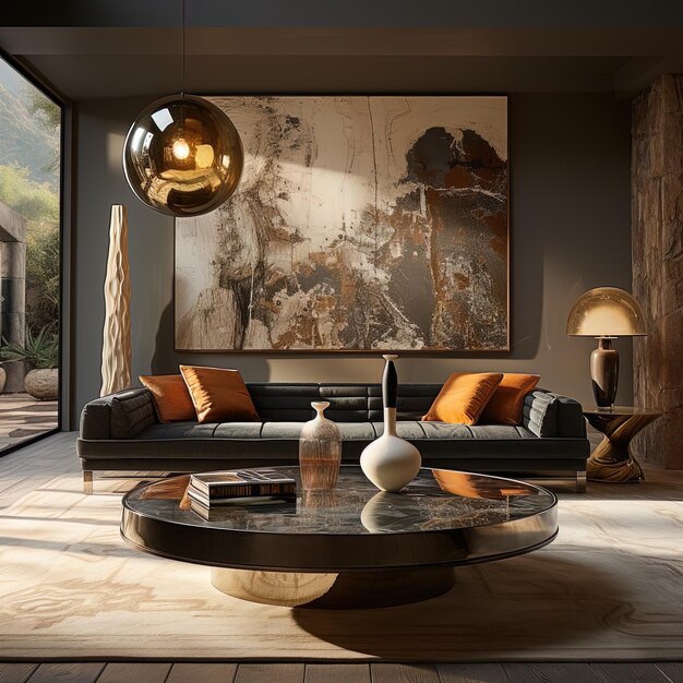 uma sala de estar com um sofá e uma mesa com uma grande pintura na parede
