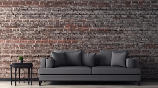 Uma sala de estar com um sofá e uma parede de tijolos