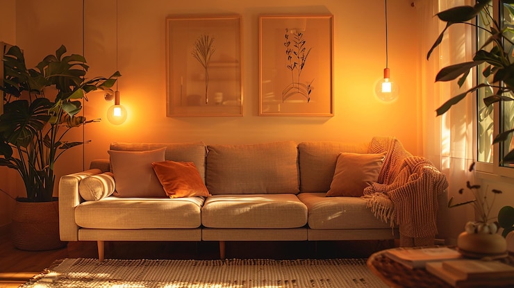 Foto uma sala de estar com um sofá e uma pintura na parede
