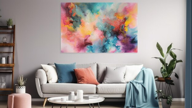 Uma sala de estar com um sofá e uma pintura na parede