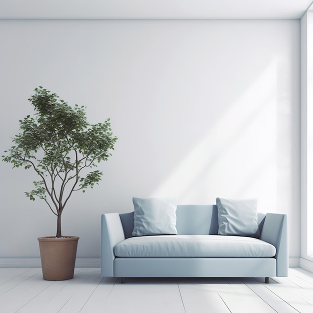 Uma sala de estar com um sofá e uma planta em um vaso