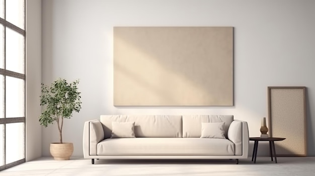 Uma sala de estar com um sofá e uma planta Generative AI image