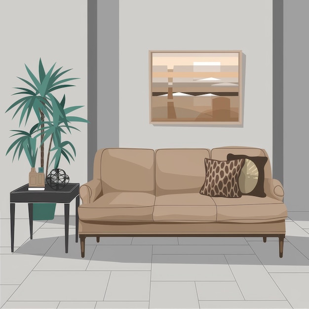 uma sala de estar com um sofá e uma planta na parede